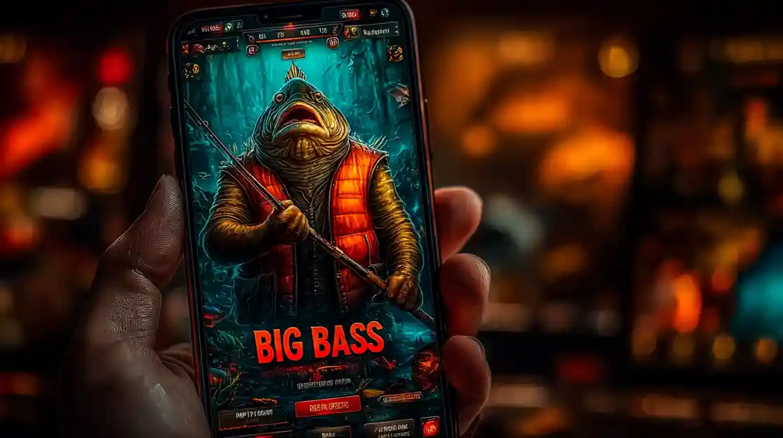 A close-up of a hand holding a smartphone showcasing a BIG BASS fishing game, featuring an anthropomorphic fish character, highlighting the engaging casual games on G777.