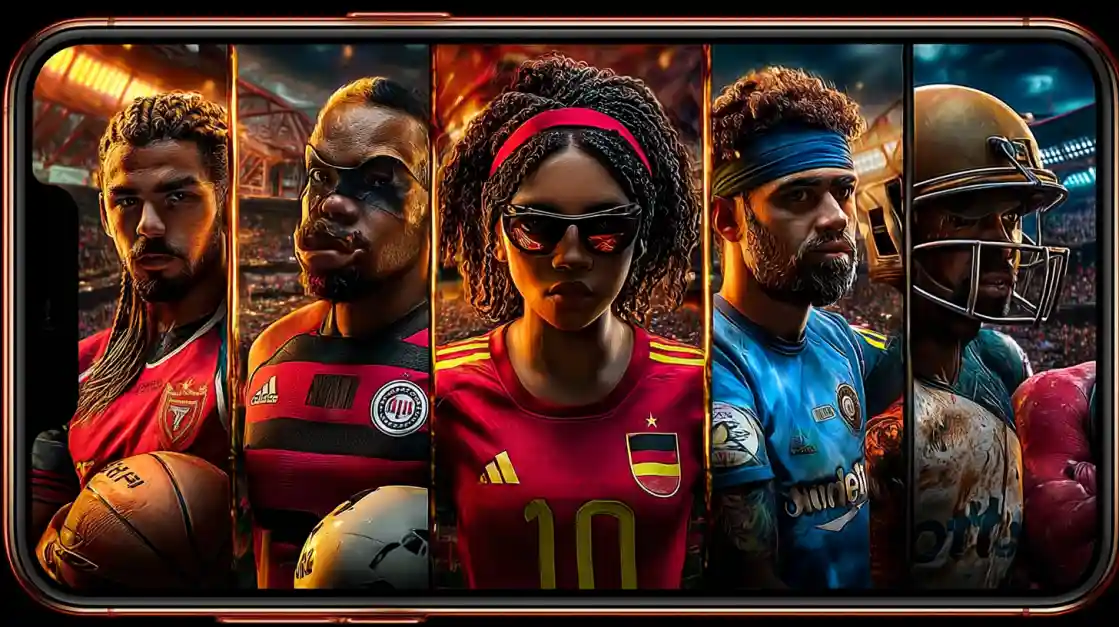A smartphone screen displays a powerful collage of diverse male and female athletes from various sports, including football and soccer, representing the comprehensive sports betting options at G777.