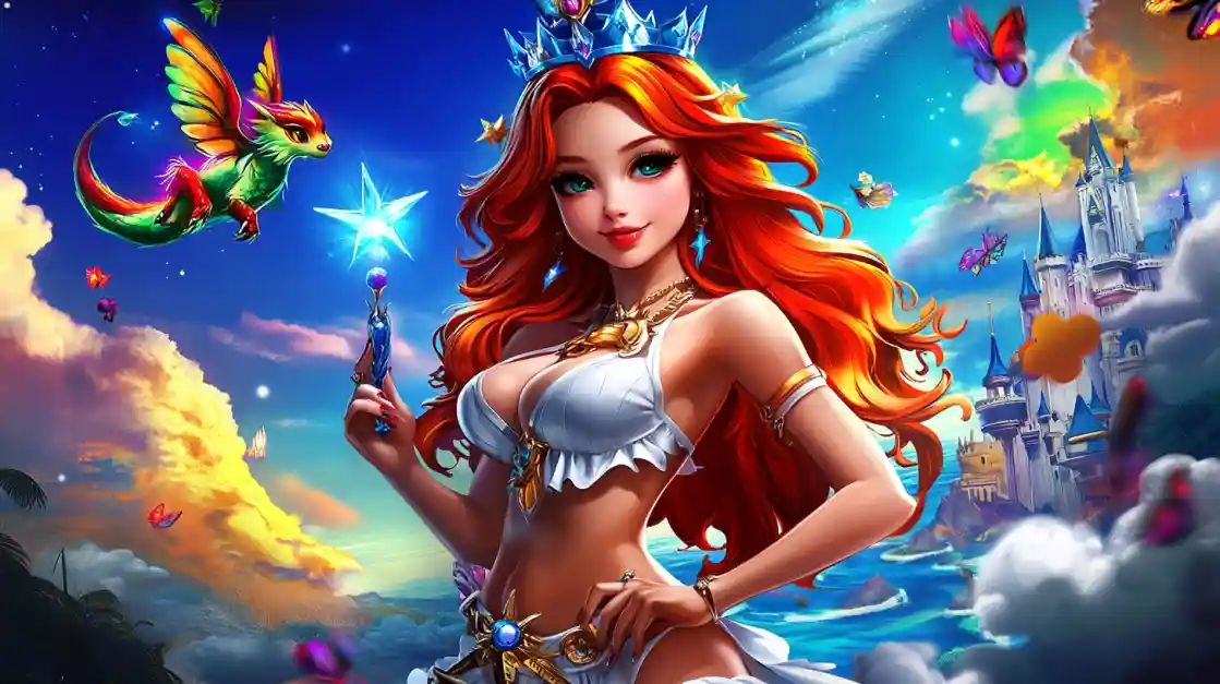 A vibrant fantasy scene featuring a beautiful princess with fiery red hair and a crown, holding a magic wand, with a small winged dragon and a fairytale castle in the background, embodying the magical world of G777.