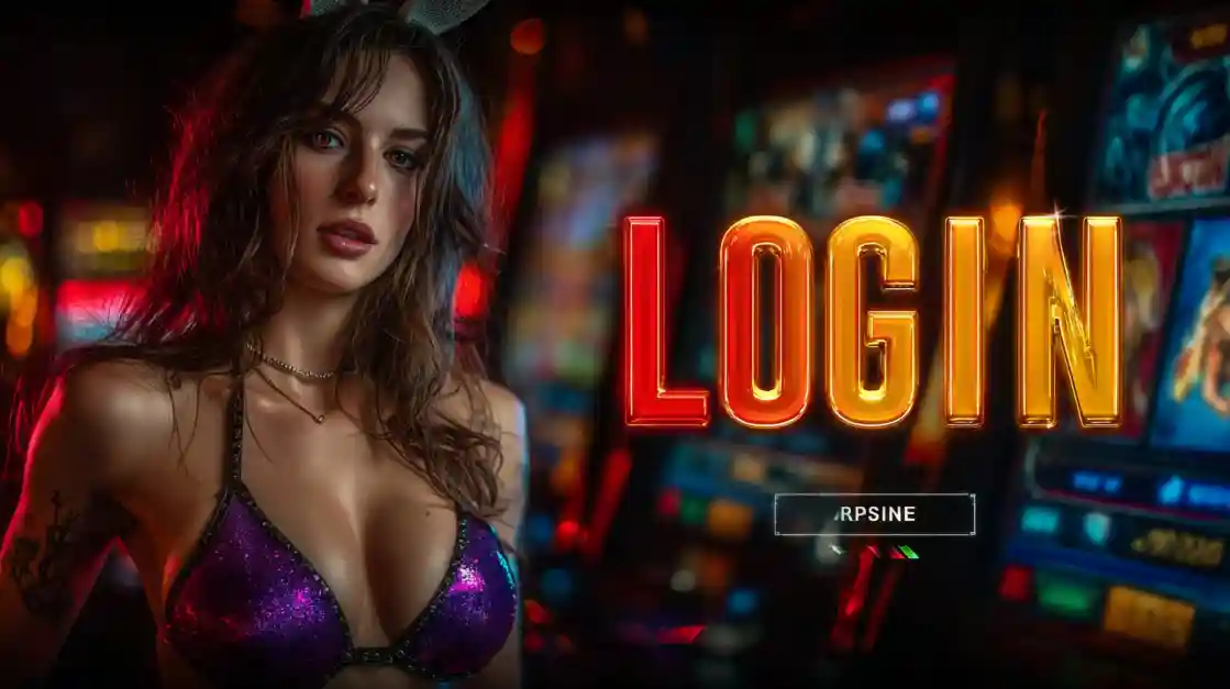 A captivating woman in a shimmering top stands beside a prominent LOGIN interface, with G777 slot machines softly blurred in the background, inviting users to enter the world of G777.
