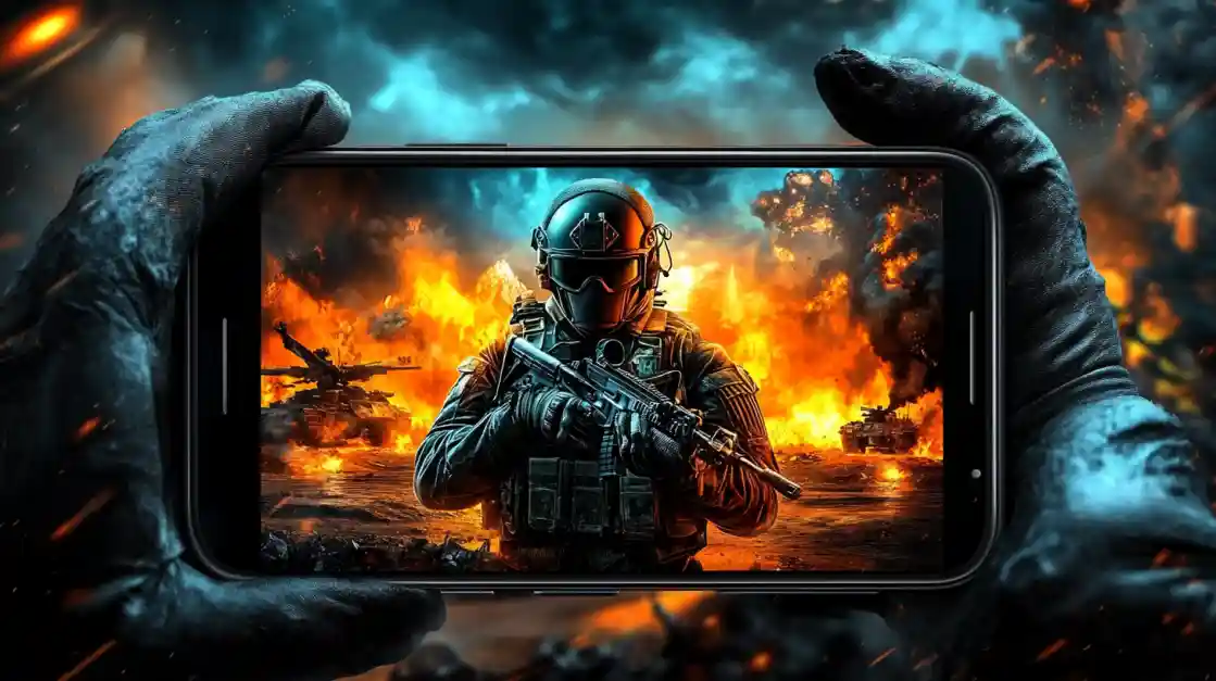 Hands holding a smartphone displaying an intense military shooter game with a soldier amidst explosions and tanks, showcasing the immersive action available on G777.