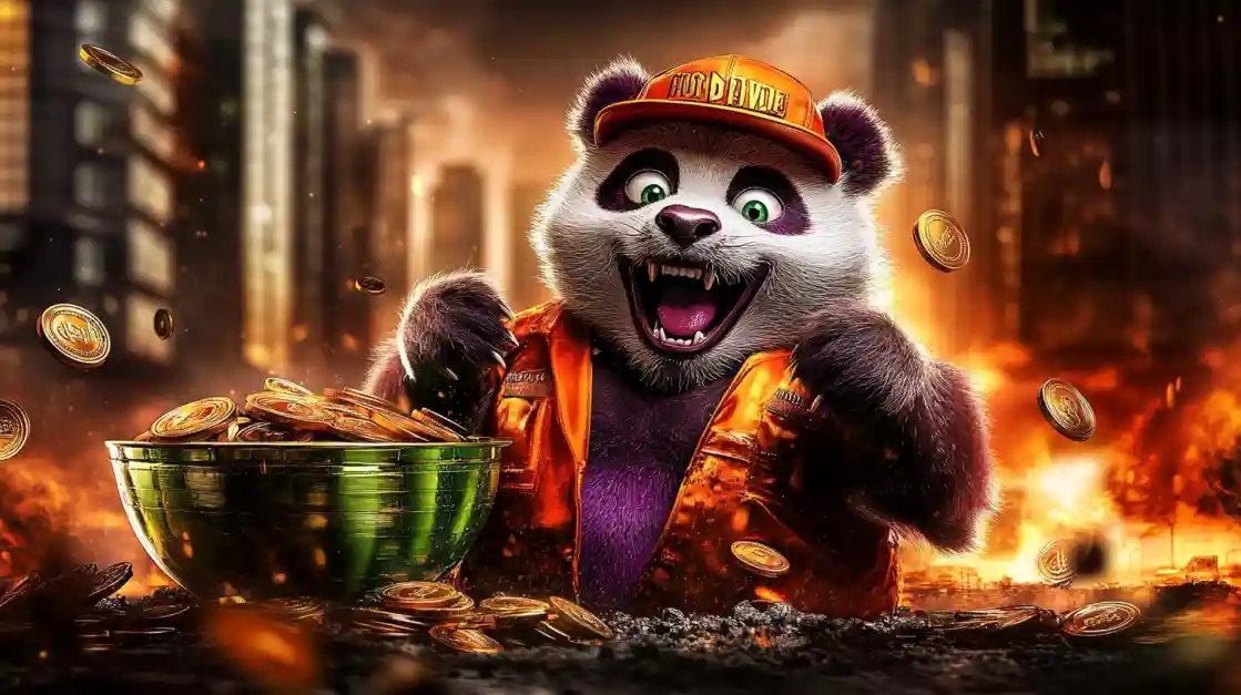 A cheerful panda character wearing an orange cap and jacket, surrounded by golden coins and a bowl of money, symbolizing wealth and good fortune with G777.