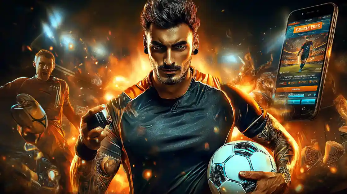 An intense male soccer player with tattoos holds a football, looking confidently at the camera with a G777 sports betting app on a phone beside him, all set against a fiery action background.