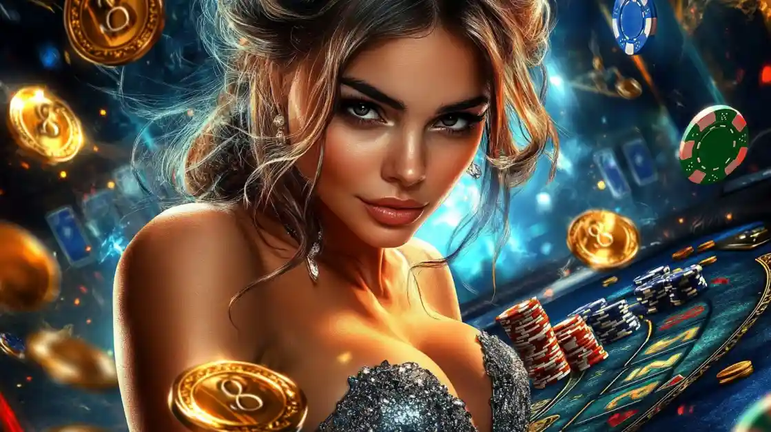 A beautiful woman in a glittering dress gives a captivating look while at a G777 casino table, surrounded by floating gold coins, casino chips, and a roulette wheel.