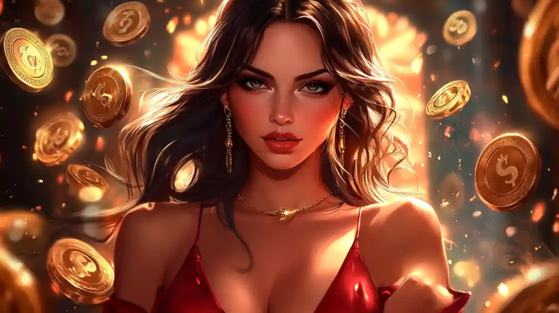 A stunning woman in a red dress, adorned with delicate jewelry, looks directly at the viewer as a shower of golden G777 coins rains down around her, symbolizing big wins.