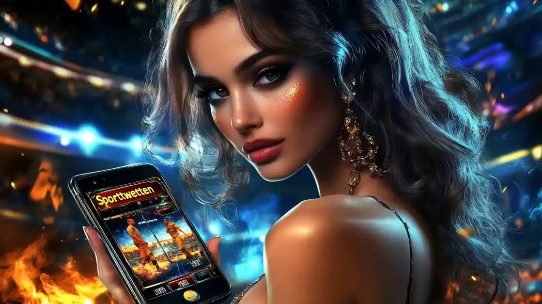 A glamorous woman with elegant makeup looks over her shoulder, holding a smartphone displaying the G777 sports betting app against a vibrant stadium backdrop with fire effects.